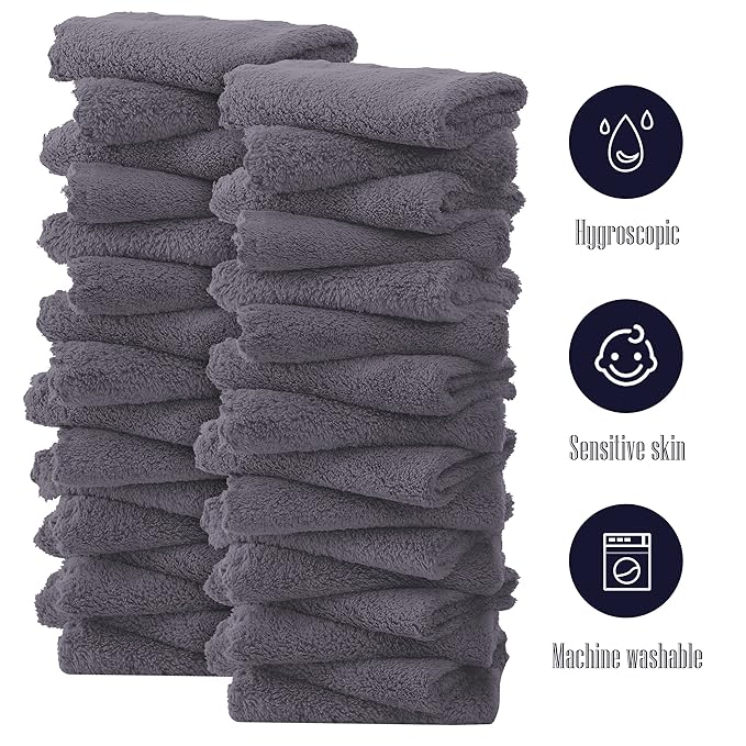 32 Pack Baby Washcloths - Luxury Coral Fleece - Extra Absorbent and Soft Wash Clothes for Newborns, Infants and Toddlers - Suitable for Sensitive Skin and New Born - Baby Shower - Grey, 10x10 Inch