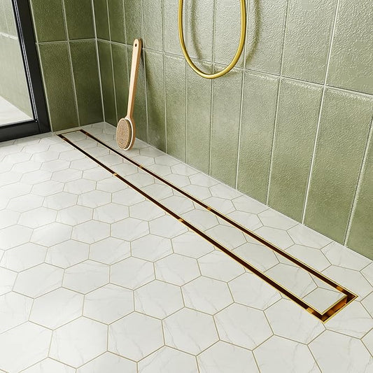 Neodrain 30-Inch Gold Linear Shower Drain with Tile Insert Cover, Golden 304 Stainless Steel Rectangle Shower Floor Drain, Linear Drain with Leveling Feet, Hair Strainer,CUPC Certified