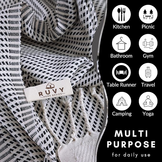 Ruvy Home Basics Turkish Hand Towels for Bathroom Set of 2 | 18"x40", Cotton | Decorative Towel for Bathroom, Kitchen, Dishcloth, Tea, Yoga, Face, Gym - Black