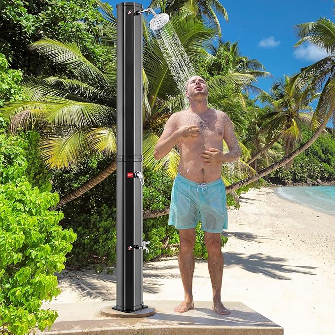 Goplus 15.9 Gallon Solar Heated Outdoor Shower, 7.5 FT Freestanding Outdoor Shower with Shower Head and Foot Shower Tap for Outdoor Backyard Poolside Beach Pool Garden, Black