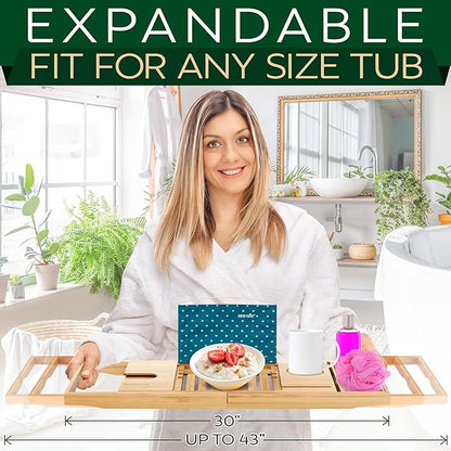 SereneLife Bathtub Tray - Expandable Bath Tray for Tub, Adjustable Bamboo Caddy with with Non-Slip Handles, Device Holder and Wine Glass Slot for Bathing Luxury (Standard, Soft Back, Gift Set)