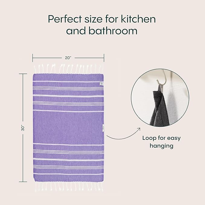 WETCAT Turkish Hand Towels with Hanging Loop, Set of 2 (20" x 30") 100% Turkish Cotton, Pre-Washed, Quick Drying, for Kitchen or Bathroom - Dark Purple