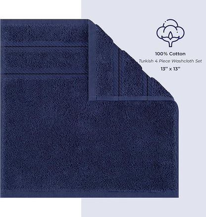 American Soft Linen Luxury Washcloths for Bathroom, 600 GSM 100% Cotton 4 Piece Turkish Wash Cloth Set, 13x13 in Soft Rags for Body and Face, Navy Blue Washcloths