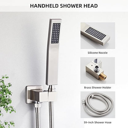 Shower Faucet Set Complete with Tub Spout Shower System Wall Mounted with 12 inch Rainfall Shower Head and Handheld Shower Rain Shower Combo for Bathroom, Brushed Nickel