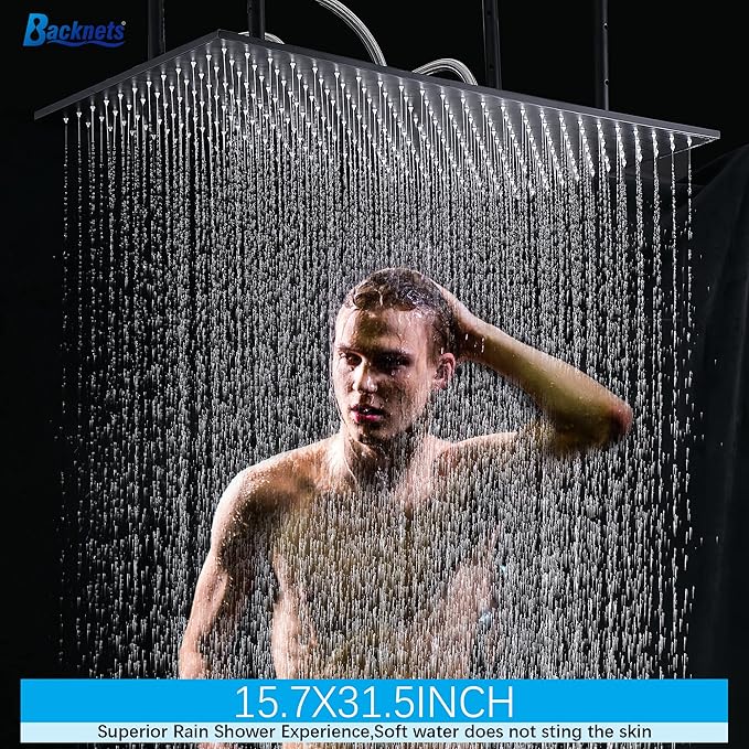 Matte Black Shower System 16 Inches Ceiling Mount Full Body Shower Faucet Set Brass Thermostatic Massage Shower with On/Off Body Jets and Handheld Can Run All At Once