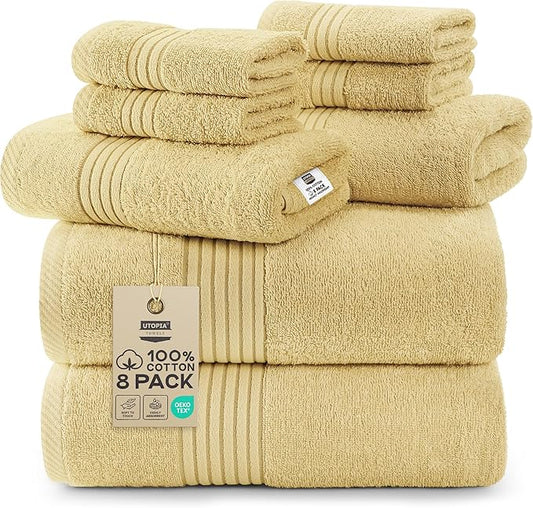 Utopia Towels 8 Piece Premium Towel Set, 2 Bath, 2 Hand, and 4 Washcloths, 100% Ring Spun Cotton, Highly Absorbent Towels for Bathroom, Sports, and Hotel, Beige