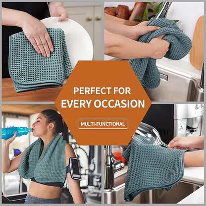 Microfiber Waffle Hand Towels, 4 Pieces, Soft, Absorbent, Fast Drying, Lint Free (Green)