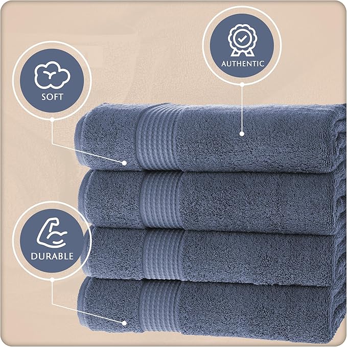 MAURA Basics Performance Bath Towels 100% Turkish Cotton with Hook Loops. Extra Large Luxury Absorbent Plush Towel Sets for Bathroom, Daily Use American Standard Size 27”x54”, Denim Blue