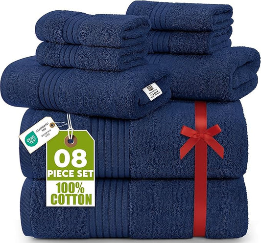 Utopia Towels 8 Piece Premium Towel Set, 2 Bath, 2 Hand, and 4 Washcloths, 100% Ring Spun Cotton, Highly Absorbent Towels for Bathroom, Sports, and Hotel, Navy