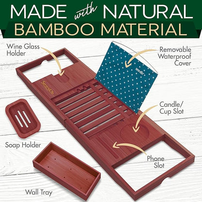 SereneLife Bathtub Tray - Expandable Bath Tray for Tub, Adjustable Bamboo Caddy with with Non-Slip Handles, Device Holder and Wine Glass Slot for Bathing Luxury (Brown, Soft Back, Gift Set)