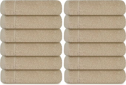 Tens Towels Pack of 12 Washcloths, 12 x 12 Inches, Lighter Weight, Quick to Dry, Super Soft & Absorbent, Gentle Face Towels, Hotel Quality, Perfect for Bathroom, Gym, Spa (Beige, 12 Pack)