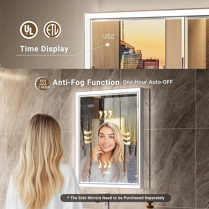 24x32 Lighted Medicine Cabinet with Beveled Mirror & Clock, Surface or Recessed Mirrored Medicine Cabinet with Dimmable Light Anti-fog, Built-in Sensing Light & Outlet, Soft-Close Right Hinge