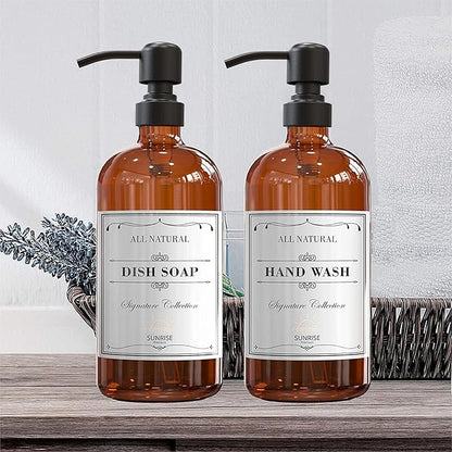 4 Pack Amber Glass Soap Dispenser 16 OZ with Matte Black Stainless Steel Pump, Hand and Dish Soap Dispenser Set for Bathroom and Kitchen Sink with 12 Waterproof Labels