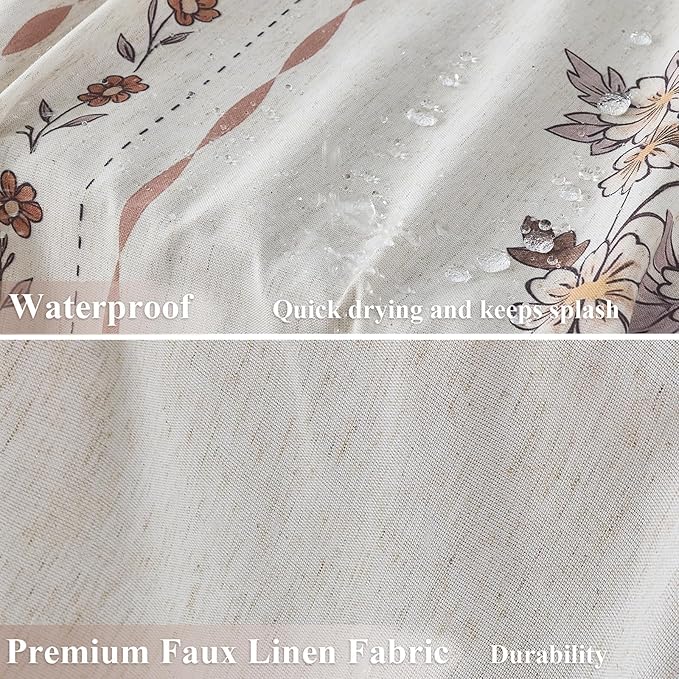 ORTIGIA Farmhouse Floral Shower Curtains for Bathroom Linen Boho Vintage Shower Curtain Set with Metal Hooks Waterproof Block Print Rustic Fabric Bath Curtain for Home, Weighted, 72x72