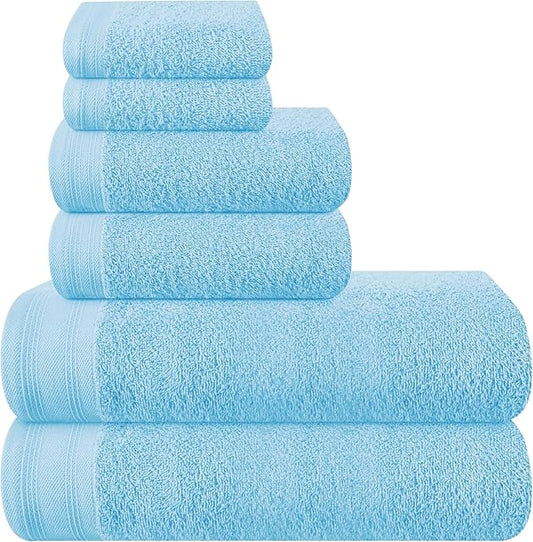 Ultra Soft 6 Pack Cotton Towel Set, Contains 2 Bath Towels 28x55 inch, 2 Hand Towels 16x24 inch & 2 Wash Coths 12x12 inch, Ideal Everyday use, Compact & Lightweight - Sky Blue