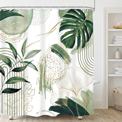 Sage Green Boho Shower Curtain Mid Century Modern Abstract Tropical Palm Leaves Minimalist Gold Olive Geometric Plant 72Wx72H Bathroom Decor Bath Curtain Liner Fabric Polyester 12 Pack Hooks