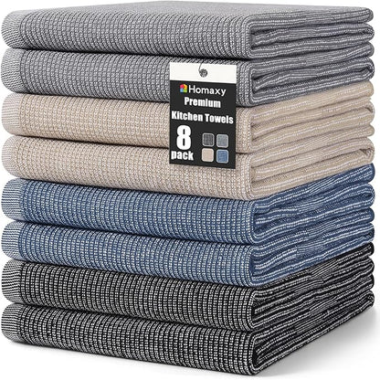 Homaxy Premium Kitchen Towels(18”x 28”, 8 Pack), Large Cotton Kitchen Hand Towels, Flat and Terry Dish Towels, 380 GSM Highly Absorbent Tea Towel Set with Hanging Loop, Mixed Color