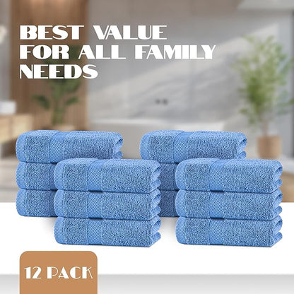 White Classic Light Blue Hand Towels for Bathroom [12 Pack] Cotton Hand Towel Bulk for Gym, Kitchen and Spa, 16x27 Inches Soft Highly Absorbent Quick Dry Terry Salon Towels