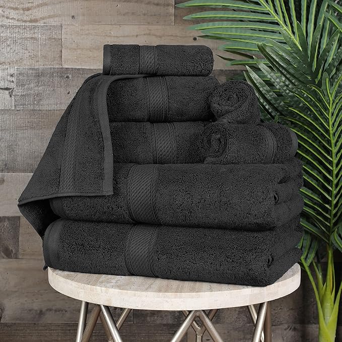 BLUENILEMILLS Madison Egyptian Cotton Towels, Towel Set for Bathroom, Shower, Hotel, Plush, 800 GSM, Highly Absorbent and Ultra-Soft Towels, Bath Essentials, 8 Piece Assorted Towel Set, Black