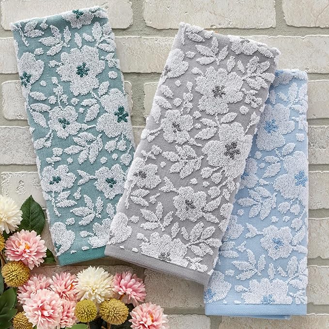 SKL Home Floral Jacquard Hand Towel Set, Sky Blue, 2 Count