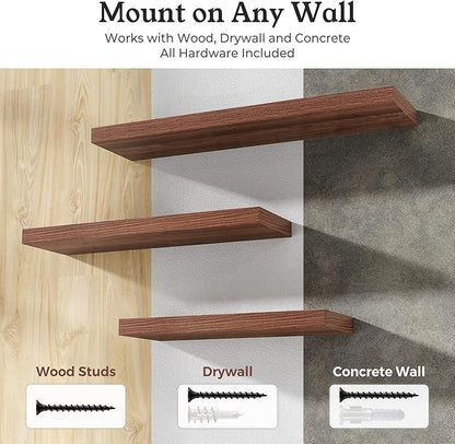Floating Shelves for Wall, 9.3" Deep Wall Mounted Wood Shelves for Bathroom, Bedroom, Living Room, Kitchen, Hanging Shelf for Books/Storage/Room Decor (Walnut, 55")