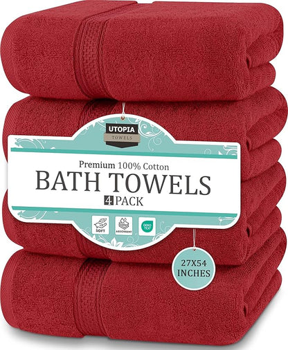 Utopia Towels 4 Pack Premium Bath Towels Set, 27 by 54 Inches, 100% Ring Spun Cotton 600GSM, Lightweight and Highly Absorbent Quick Drying Towels, Perfect for Daily Use, Red