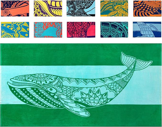 Nova Blue Whale Beach Towel (34 X 63) – Green Oversized Beach Towel with Whale Design Quick Dry BeachTowels Made from 100% Cotton – Sand Free Beach Towels – Extra Large BeachTowel