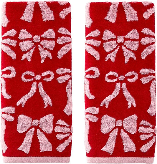 SKL Home Bow Jacquard 100% Cotton Premium 2-Piece Hand Towel Set, 500 GSM, Reversible, Soft & Absorbent, Everyday/Christmas/Winter/Valentine's, Decorative for Bath/Kitchen/Bar, Red/Pink