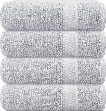 GLAMBURG Premium Cotton 4 Pack Bath Towel Set - 100% Pure Cotton - 4 Bath Towels 27x54 - Ideal for Everyday use - Ultra Soft & Highly Absorbent - Light Grey