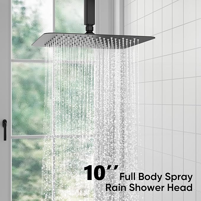 ESNBIA Shower System Black, All Metal Ceiling Shower Faucet Set with Pressure Balance Valve Kit,10" Rain Heads with Handheld Spray Combo, Matte Black
