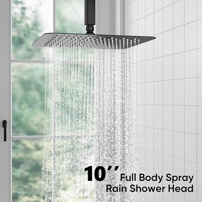 ESNBIA Shower System Black, All Metal Ceiling Shower Faucet Set with Pressure Balance Valve Kit,10" Rain Heads with Handheld Spray Combo, Matte Black