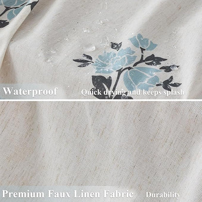 ORTIGIA Linen Blue Shower Curtains for Bathroom Boho Farmhouse Block Print Shower Curtain Set with Metal Hooks Floral Waterproof Aesthetic Rustic Fabric Bath Curtain for Home, Weighted, 72x72