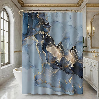 Domoku Blue Marble Shower Curtain 72x72 – Blue and Gold Waterproof Fabric Shower Curtain with Hooks, Abstract Art Bathroom Decor, Machine Washable Curtain for Apartment, Guest Bath