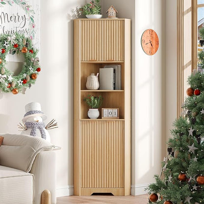 Fameill Tall Corner Cabinet with 2 Doors and 2 Open Storage Shelves, 68” Corner Storage Cabinet with Fluted Door Design, Home Space Saver for Living Room, Bathroom, Kitchen, Laundry, Natural Oak Color