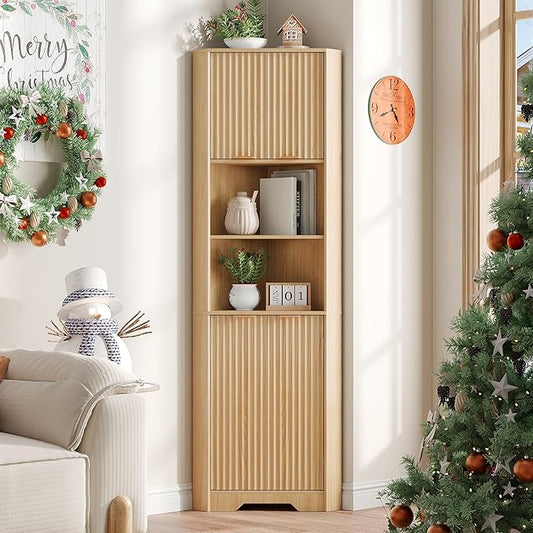 Fameill Tall Corner Cabinet with 2 Doors and 2 Open Storage Shelves, 68” Corner Storage Cabinet with Fluted Door Design, Home Space Saver for Living Room, Bathroom, Kitchen, Laundry, Natural Oak Color