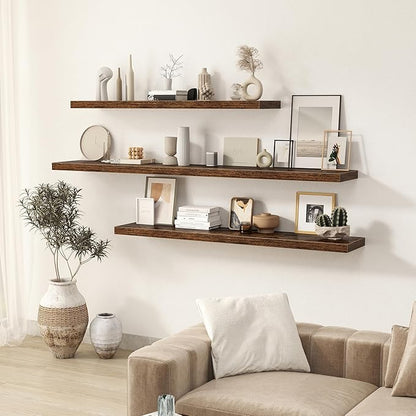 Floating Shelves Wall Shelf 48 Inch, 9.3 Inch Deep Floating Shelf, Farmhouse Black Wood Shelves Invisible Bracket for Living Room, Bedroom, Kitchen, 48 x 9.3 x 1.4 Inch, Set of 2, Rustic Brown