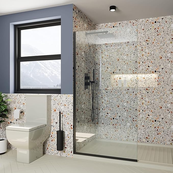 Royalty Fixed Shower Screen - 36" x 78" Frameless 3/8" Clear Tempered Glass Panel with Hardware - Easy Clean Smart Guard Coating - Minimalist Modern Design for Bathroom - Matte Black