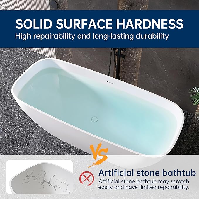 67'' Freestanding Bathtub Resin Stone Deep Soaking Tubs Solid Surface Matte Tub with Overflow and Pop-up Drain