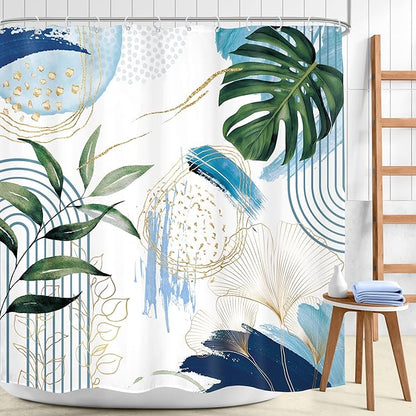 Blue Boho Shower Curtain 72Wx72H Modern Mid Century Abstract Blue Gold Tropical Leaves Palm Minimalist Plant Bathroom Decor Geometric Arch Bath Curtain Fabric Polyester 12 Pack Hooks