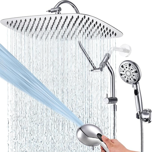G-Promise 14 Inches Shower Heads with Massage Mode Handheld Sprayer Combo, 3 Way Metal Extended Diverter and Metal Adjustable Extension Arm, Stainless Steel Hose