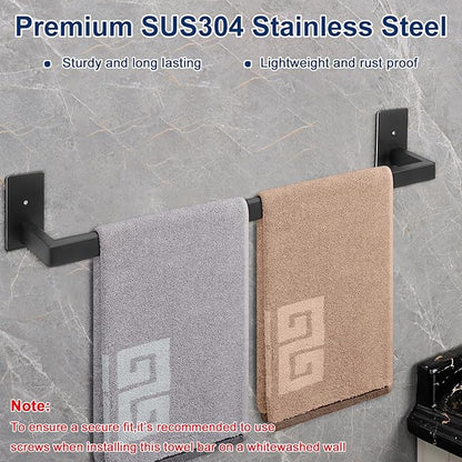 NearMoon Self Adhesive Bathroom Towel Bar, Stainless Steel Square Bath Wall Shelf Rack Hanging Towel Stick On Sticky Hanger Contemporary Style, Towel Rack Wall Mounted (24 Inch, Matte Black)