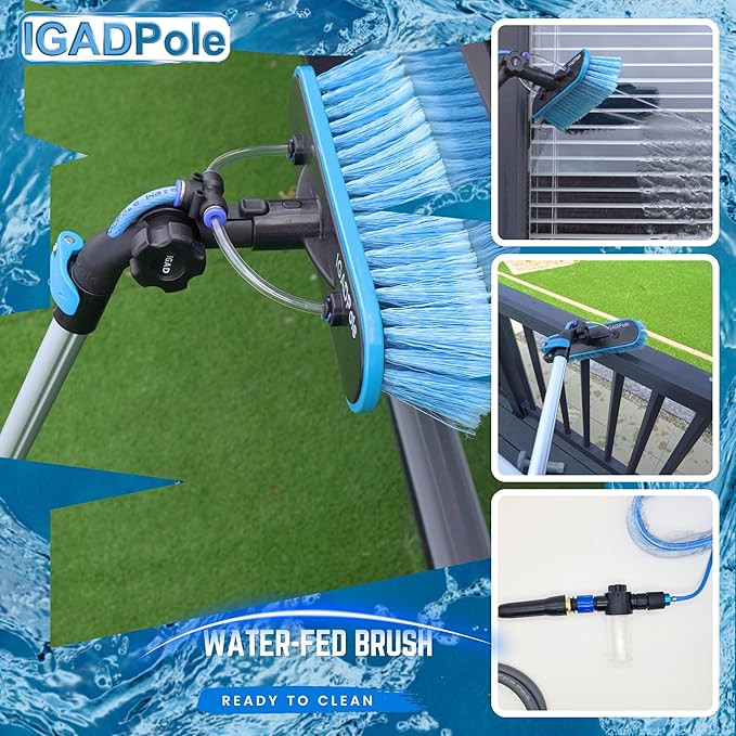 IGADPole 28 FT Water-Fed Washing Kit with Soap-Dispenser, Brush, 10″ Squeegee & Cobweb Duster for Windows, Gutters, Solar Panels & Exterior Walls