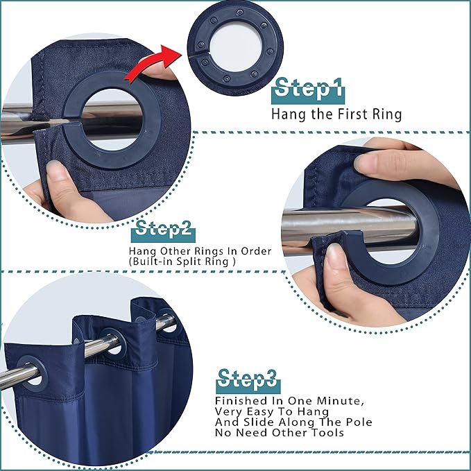 Conbo Mio No Hook Shower Curtain with Snap in Liner Set, Hotel Luxury Dark Blue Fabric Shower Curtains for Bathroom with See Through Top Window, Washable, Waterproof 71W x 74H