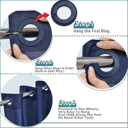 Conbo Mio No Hook Shower Curtain with Snap in Liner Set, Hotel Luxury Dark Blue Fabric Shower Curtains for Bathroom with See Through Top Window, Washable, Waterproof 71W x 74H