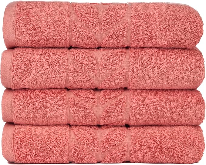 BAGNO MILANO Organic Turkish Cotton Bath Towels, Luxury Jacquard Collection, Certified Organic Highly Absorbent, Soft-Plush Towel Set (Coral Red, 4 Pcs Hand Towel Set)