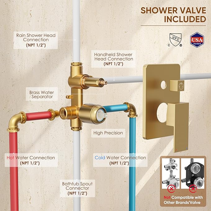 Shower System with Tub Spout, All Metal Tub Shower Faucet Set with 10-Inch Rain Shower Head and Handheld Spray combo, Wall Mounted Shower Combo Set with shower valve and Trim kit,Brushed Gold
