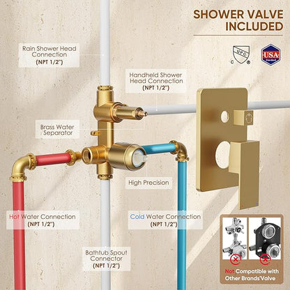 Shower System with Tub Spout, All Metal Tub Shower Faucet Set with 10-Inch Rain Shower Head and Handheld Spray combo, Wall Mounted Shower Combo Set with shower valve and Trim kit,Brushed Gold