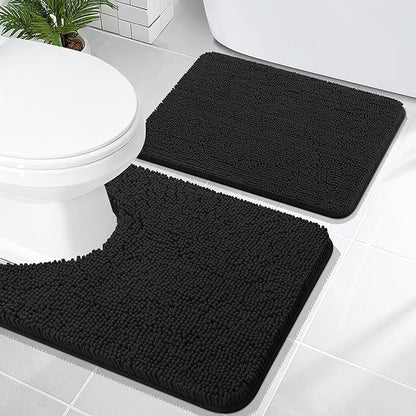 OLANLY Bathroom Rugs Sets 2 Piece, Soft Absorbent Chenille Bath Mats and U-Shaped Contour Toilet Rug, Non-Slip, Machine Washable Bath Carpet, Home Decor Accessories(24"x16"+24"x20", Black)