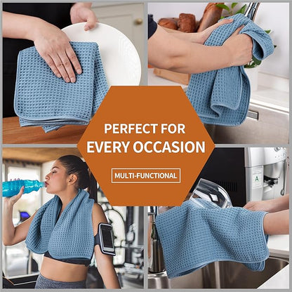 Microfiber Waffle Hand Towels, 4 Pieces, Soft, Absorbent, Fast Drying, Lint Free (Blue)