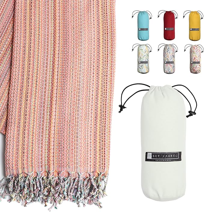 BAY LAUREL Turkish Beach Towel with Travel Bag 39 x 71 Quick Dry Sand Free Lightweight Large Oversized Towels Light